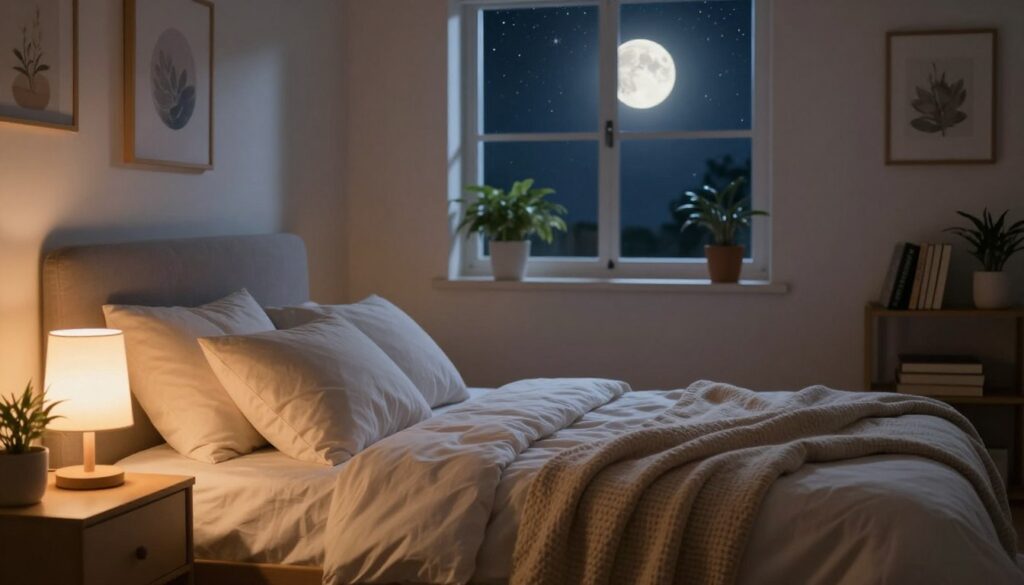 A serene bedroom scene at night, showcasing a softly lit, cozy atmosphere. In the foreground, a comfortable bed with fluffy pillows and a warm, inviting blanket, hinting at a peaceful sleep. A bedside table holds a gently glowing lamp, casting a warm light that creates cozy shadows. In the middle ground, a window reveals a starry night sky, with a full moon illuminating the room softly. Decor elements like calming plants and soothing art pieces enhance a tranquil vibe. The background features a shelf with books on mindfulness and stress reduction. The image conveys a sense of calm and well-being, emphasizing the importance of sleep as a foundation for managing stress.