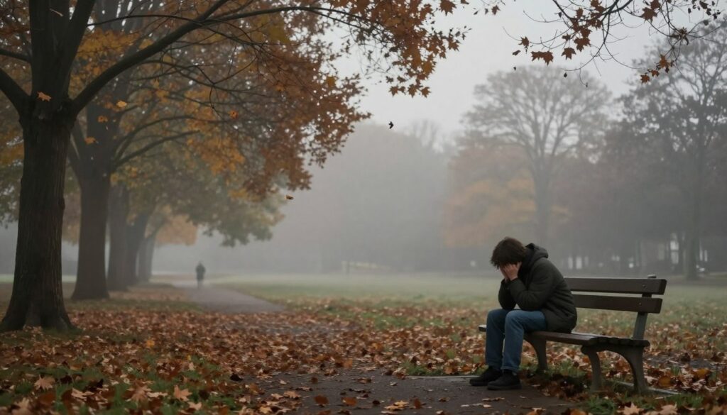 A serene, contemplative landscape representing the passage of time and the weight of untreated depression. In the foreground, a lone figure sits on a park bench, dressed in modest casual clothing, staring pensively at the ground. Their body language exhibits a sense of heaviness and isolation. In the middle ground, autumn leaves gently fall from trees, symbolizing change and the cycle of life, while a foggy pathway leads toward the horizon, depicting uncertainty. The background features a hazy, muted sky, casting soft, diffused light that enhances the mood of introspection. The overall atmosphere is somber yet reflective, inviting viewers to consider the gravity of prolonged mental health issues without sensationalism. A serene, contemplative landscape representing the passage of time and the weight of untreated depression. In the foreground, a lone figure sits on a park bench, dressed in modest casual clothing, staring pensively at the ground. Their body language exhibits a sense of heaviness and isolation. In the middle ground, autumn leaves gently fall from trees, symbolizing change and the cycle of life, while a foggy pathway leads toward the horizon, depicting uncertainty. The background features a hazy, muted sky, casting soft, diffused light that enhances the mood of introspection. The overall atmosphere is somber yet reflective, inviting viewers to consider the gravity of prolonged mental health issues without sensationalism.