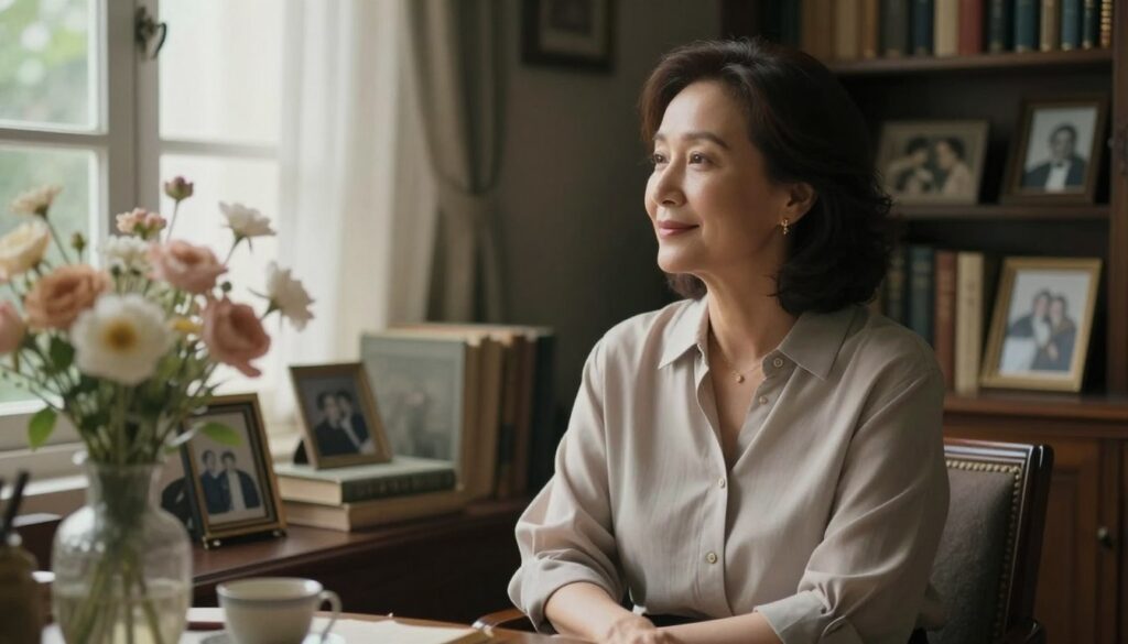 A serene, contemplative portrait of an elegant, middle-aged woman, Pola Raksa, sitting in a cozy, dimly-lit study filled with books and vintage photographs. She wears a modest, stylish blouse and has a gentle smile, exuding a sense of wisdom and tranquility. In the foreground, a soft-focus vase with delicate flowers adds warmth to the scene. The middle focuses on her, gazing thoughtfully out of a window, hints of soft sunlight filtering in, creating a peaceful ambiance. In the background, shelves of classic literature and family mementos create a nostalgic atmosphere. The image captures a sense of introspection, emphasizing her preference for privacy and distance from the media, highlighting her intellect and grace. The lighting is soft and dreamy, conveying a mood of reflection and serenity. A serene, contemplative portrait of an elegant, middle-aged woman, Pola Raksa, sitting in a cozy, dimly-lit study filled with books and vintage photographs. She wears a modest, stylish blouse and has a gentle smile, exuding a sense of wisdom and tranquility. In the foreground, a soft-focus vase with delicate flowers adds warmth to the scene. The middle focuses on her, gazing thoughtfully out of a window, hints of soft sunlight filtering in, creating a peaceful ambiance. In the background, shelves of classic literature and family mementos create a nostalgic atmosphere. The image captures a sense of introspection, emphasizing her preference for privacy and distance from the media, highlighting her intellect and grace. The lighting is soft and dreamy, conveying a mood of reflection and serenity.