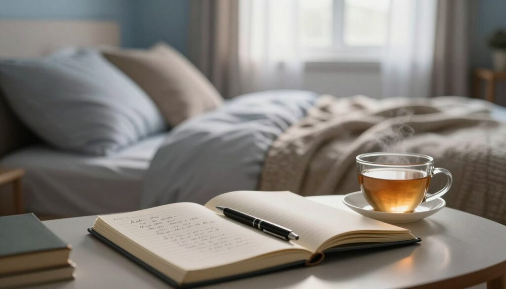 A serene, cozy bedroom scene focusing on a journal and a cup of herbal tea on a bedside table, conveying the theme of mood and sleep observation. The foreground features a soft, open journal with handwritten notes and a pen, symbolizing self-reflection. In the middle ground, a comfortable bed is made with plush pillows and a warm blanket, inviting relaxation. The background showcases a softly lit window with gentle morning light filtering through sheer curtains, creating a peaceful atmosphere. The overall color palette is warm and calming, with soft blues and earthy tones. The scene evokes introspection and tranquility, ideal for illustrating the process of monitoring mental health in daily life.