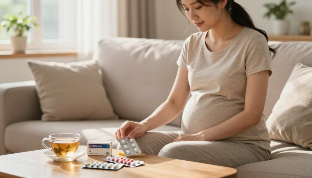 A serene, cozy setting depicting a pregnant woman in modest casual clothing, sitting comfortably on a soft, plush couch. She is thoughtfully examining a selection of over-the-counter pain relief medications placed neatly on a coffee table in front of her. The room is softly lit by warm, natural sunlight streaming through a nearby window, creating a soothing atmosphere. In the background, gentle greenery is visible, adding to the calm feel of the scene. An herbal tea cup rests beside the medication, hinting at alternative pain relief methods. The image should be warm and inviting, emphasizing a sense of care and safety surrounding medication use during pregnancy.