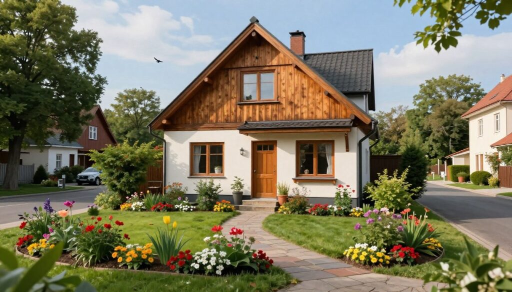 A serene depiction of a cozy suburban neighborhood where Andrzej Cierniewski might reside, showcasing a charming house surrounded by lush greenery and colorful flowerbeds. In the foreground, a well-maintained garden features vibrant blooms and a stone path leading to the front door. In the middle ground, the house displays traditional architecture with warm wooden tones and large windows reflecting sunlight. The background reveals tree-lined streets and a clear blue sky, enhancing the peaceful atmosphere. The scene is bathed in soft, natural light, evoking a friendly and inviting mood. A few birds can be seen flying in the distance, symbolizing creativity and freedom.