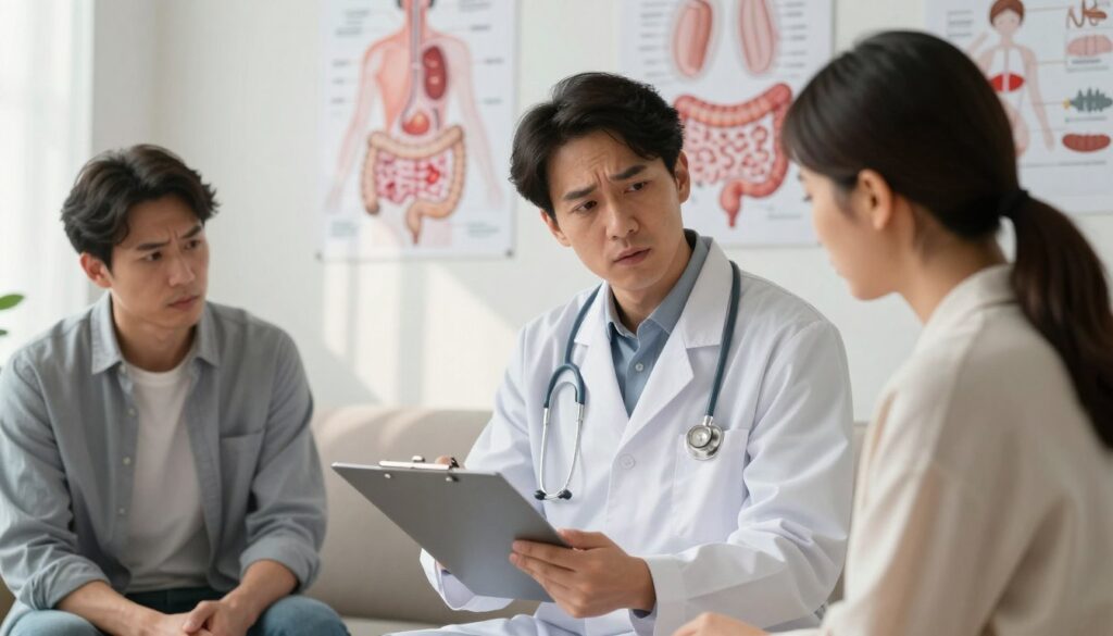 A serene doctor's office setting as the foreground, featuring a concerned but composed healthcare professional in a crisp white coat, holding a clipboard and discussing a medical case with a patient. The patient, dressed in modest casual clothing, appears anxious yet attentive. The middle ground shows medical diagrams on the wall related to gastrointestinal health, creating an informative atmosphere. In the background, soft, natural lighting filters through a window, casting gentle shadows that add warmth. The mood is focused yet supportive, conveying the importance of addressing health concerns like rectal bleeding without fear. This image exemplifies the balance of stress and health awareness, emphasizing professionalism and empathy in healthcare.