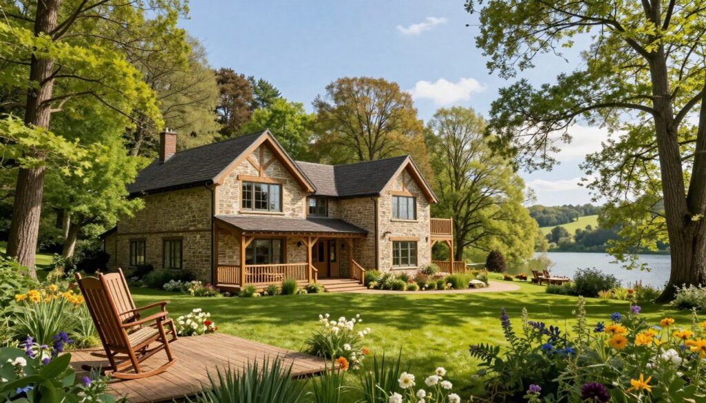 A serene forest lodge nestled in the heart of Windsor Great Park. In the foreground, a welcoming wooden porch with rocking chairs overlooks a lush lawn, adorned with wildflowers. The middle ground features the lodge, a charming two-story structure with large windows and a rustic stone facade, surrounded by towering trees and vibrant greenery. In the background, a glimpse of rolling hills and a tranquil lake can be seen under a clear blue sky, with soft sunlight filtering through the foliage, creating a warm and inviting atmosphere. The scene should evoke a sense of peace and connection to nature, captured with a wide-angle lens to emphasize the lodge's harmony with its surroundings.