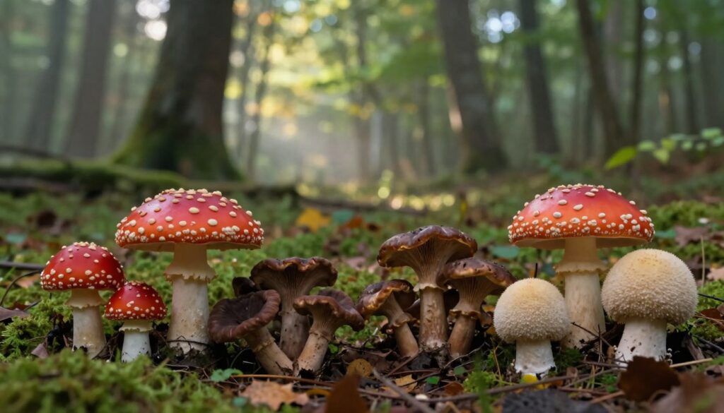A serene forest setting during early autumn, showcasing a variety of mushrooms that are deemed unsafe for consumption during pregnancy. In the foreground, clusters of distinctively colored mushrooms such as bright red fly agarics, dark brown chanterelles, and pale, spongy puffballs, all arranged in an organic, natural manner. The middle ground features lush green foliage with dappled sunlight filtering through the trees, creating a soft glow that enhances the earthy tones. In the background, a gentle blur of more trees recedes into a misty atmosphere, suggesting the depth of the forest. The overall mood is calm yet slightly foreboding, emphasizing caution. The composition is shot with a shallow depth of field to focus on the mushrooms, using a soft light that enhances textures without harsh shadows.