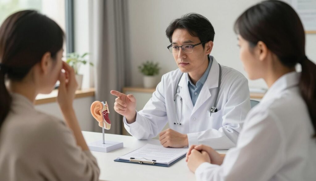 A serene healthcare consultation scene where a professional doctor, dressed in a smart white coat and glasses, is discussing symptoms with a patient in a modern examination room. The foreground features a medical chart with notes on dizziness and various potential causes. In the middle, the doctor gestures towards an anatomical model of the ear on the table, symbolizing the vestibular system's role in balance. The background shows soft, natural light streaming through a window, casting a warm glow on the room's neutral colors, creating an atmosphere of calm and understanding. The focus is on the exchange of information, emphasizing the importance of ruling out other medical conditions causing dizziness, without any distractions.