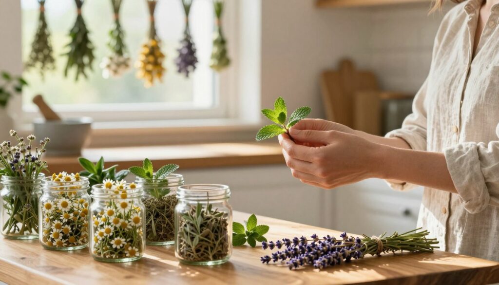 A serene herbal setting showcasing the safe use of medicinal herbs for mood enhancement. In the foreground, a wooden table adorned with an array of fresh, vibrant herbs like chamomile, lavender, and bergamot neatly arranged in glass jars. In the middle, a gentle hand, clad in a light linen shirt, carefully examines a sprig of fresh mint, symbolizing mindfulness in herb usage. The background features a softly lit kitchen with sun rays streaming through a window, illuminating an assortment of dried herbs hanging from hooks and a mortar and pestle. The overall mood is calming and inviting, evoking a sense of tranquility and hopefulness. The lighting is warm and natural, enhancing the earthy tones and textures of the herbs and surrounding environment.