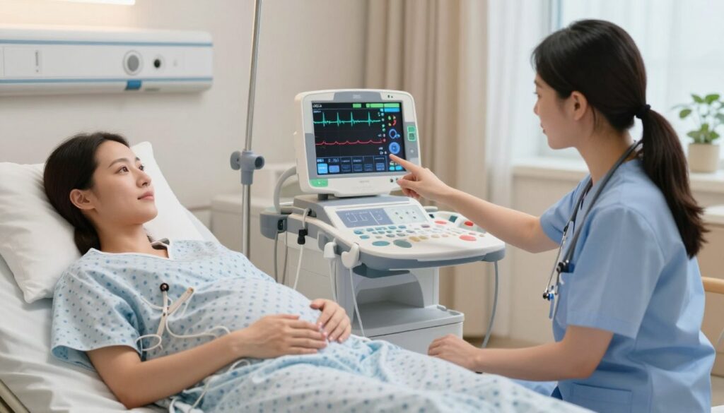 A serene hospital room setting, softly lit for a calm atmosphere. In the foreground, a professional female doctor in modest scrubs is attentive to a pregnant woman in a hospital gown, who is comfortably lying on a bed, connected to a KTG (Cardiotocography) monitor. The doctor is gently explaining the monitoring process while pointing at the screen, displaying heart rates. In the middle, the KTG machine with clear, modern design is visible, showing data on fetal heart rate and contractions. The background features medical equipment and soothing decor, creating a peaceful environment. The overall mood conveys professionalism, care, and anticipation, reflecting the importance of monitoring during labor.