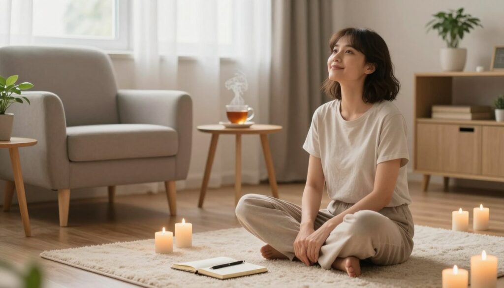 A serene indoor environment that promotes self-care and mental health, featuring a cozy, softly lit room with warm colors. In the foreground, a person in modest casual clothing sits cross-legged on a plush rug, surrounded by calming objects like candles, plants, and a journal with a pen. Their expression is one of contemplation and hope. In the middle ground, a comfortable armchair and a small table with a steaming cup of tea are visible, enhancing the inviting atmosphere. In the background, a window with sheer curtains lets in gentle natural light, creating a peaceful ambiance. The overall mood is tranquil and uplifting, encouraging a sense of self-empowerment and healing.