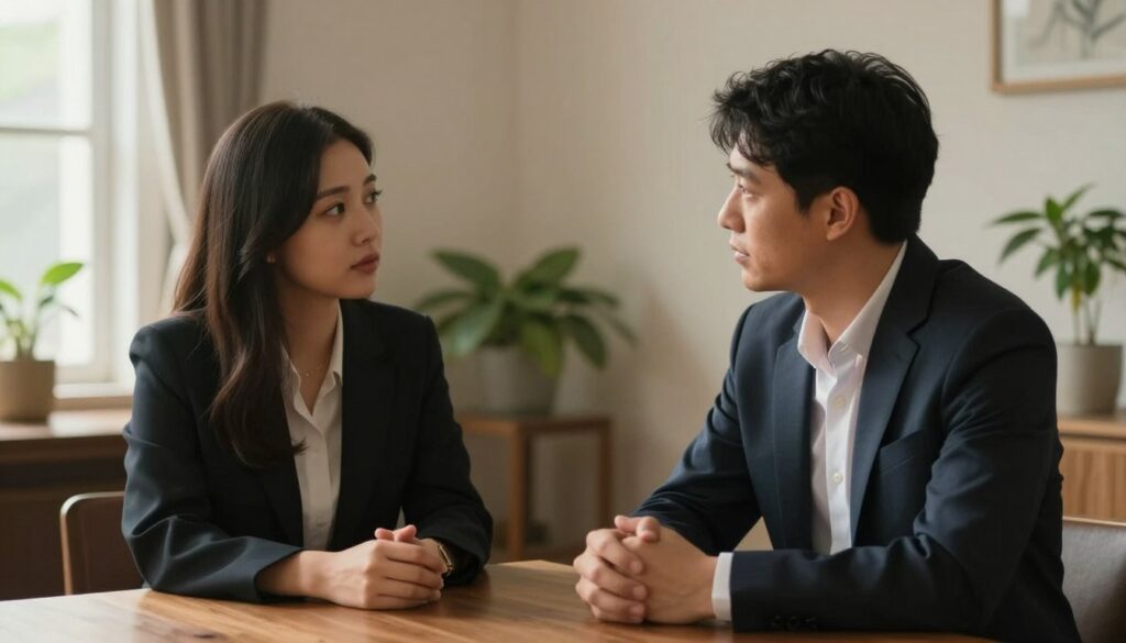 A serene indoor scene featuring a couple engaged in a thoughtful conversation. In the foreground, the partners, a woman and a man, are seated across from each other at a wooden dining table, both dressed in professional business attire. The woman has an empathetic expression, while the man's demeanor conveys attentiveness and understanding. The middle ground showcases soft, diffused lighting from a nearby window, casting gentle shadows and creating an intimate atmosphere. In the background, tasteful decor and a few green plants add warmth to the environment. The overall mood is calm and reflective, emphasizing connection and the importance of open communication in relationships. The angle captures both faces clearly, symbolizing a constructive discussion.