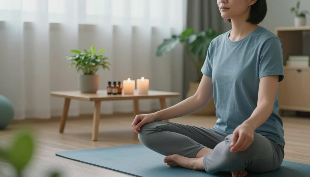A serene indoor scene focused on stress-relief techniques. In the foreground, a person in modest casual clothing sits cross-legged on a soft yoga mat, eyes closed, practicing deep breathing with a calm expression. The middle ground features a small table adorned with a lit candle, soothing essential oils, and a potted plant, contributing to a peaceful ambiance. In the background, soft natural light filters through sheer curtains, creating a warm and inviting atmosphere. The overall color palette should be calming with soft blues and greens, enhancing the tranquility of the scene. The composition should convey a sense of mindfulness and relaxation, inviting the viewer to engage in stress reduction practices.
