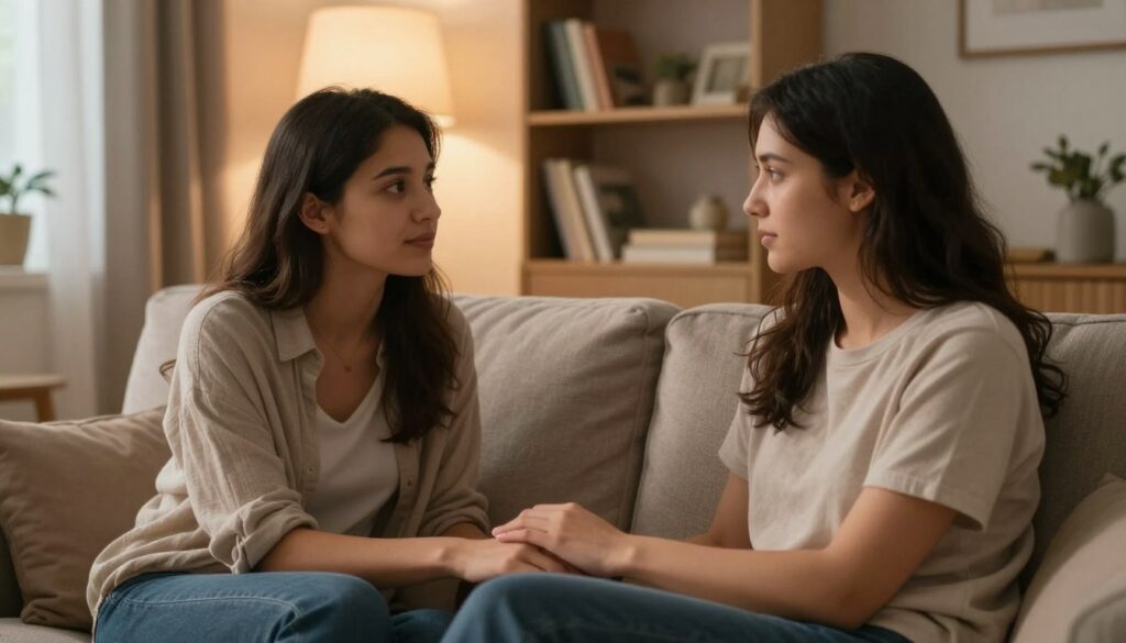 A serene indoor setting conveying intimacy and connection, featuring a couple sitting closely on a comfortable couch, engaged in a heartfelt conversation. The foreground shows their hands gently resting on each other’s, symbolizing trust and closeness, while their expressions reflect a deep emotional bond. The middle background includes soft, warm lighting that enhances the cozy atmosphere, with a gentle glow from a nearby lamp casting subtle shadows. In the distance, a shelf filled with books and personal memorabilia adds a touch of familiarity. The overall mood is introspective and tender, inviting viewers to contemplate the complexities of relationships and fidelity. The scene is styled in an inviting, neutral color palette, ensuring a warm yet professional appearance.