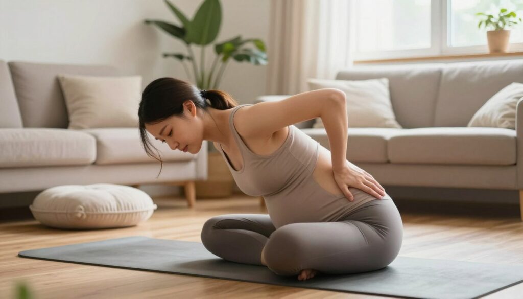 A serene indoor setting featuring a pregnant woman practicing gentle back stretches on a yoga mat, dressed in modest, comfortable activewear. She is in the foreground, focusing on relieving back pain, with a look of calm determination. In the middle ground, a cozy living room space with soft lighting, plants, and a supportive cushion nearby. The background includes a window with natural light streaming in, creating a warm, inviting atmosphere. The overall mood is tranquil and supportive, emphasizing safe relaxation techniques. The angle should be slightly elevated to capture the full scene.