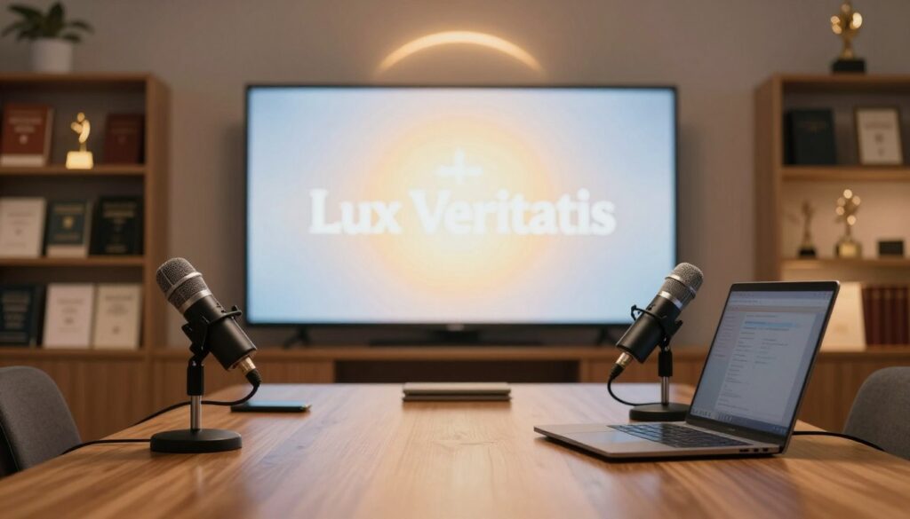 A serene interior of a modern media studio, bathed in warm, inviting light. In the foreground, a polished wooden table showcases microphones and a sleek laptop, symbolizing a hub of communication and faith. In the middle ground, a large screen displays the glowing logo of "Lux Veritatis" against a backdrop of soft, ethereal light, hinting at enlightenment and truth. The background features shelves lined with religious texts and awards, emphasizing credibility. A faint halo effect surrounds the screen, creating a spiritual atmosphere. The overall mood is one of reflection and contemplation, inviting viewers to connect with themes of faith and information in modern media. Shot with a shallow depth of field to focus on the elements in the foreground while softly blurring the background.
