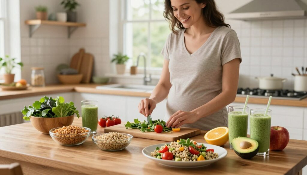 A serene kitchen scene showcasing a healthy postnatal diet. In the foreground, a wooden table is adorned with a vibrant, colorful spread of nutritious foods like leafy greens, fresh fruits, whole grains, and nourishing smoothies. A plate of quinoa salad with cherry tomatoes and avocado is elegantly presented. In the middle ground, a woman in modest casual clothing, radiating happiness, prepares a meal, focusing on fresh ingredients, embodying a holistic lifestyle post-pregnancy. The background features soft, natural light streaming through a window, enhancing the warm atmosphere of the kitchen. The entire composition should evoke a sense of wellness, renewal, and support for recovery and breastfeeding, highlighting the theme of a balanced diet for a flat tummy after pregnancy.