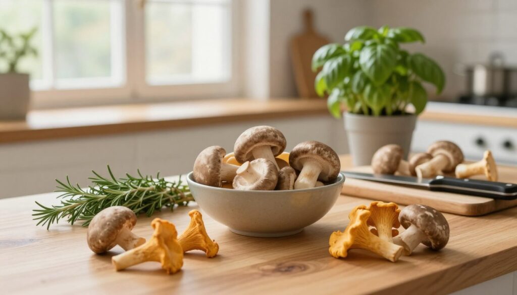 A serene kitchen setting with a wooden table in the foreground, showcasing an array of mushrooms: chanterelles, shiitakes, and cremini. In the middle, a soft-focus bowl filled with freshly washed mushrooms, surrounded by herbs and a cutting board with a knife, emphasizing a sense of preparation and care. In the background, light streams in through a window, casting warm, natural lighting over the scene, creating a cozy atmosphere. A potted herb plant, like basil or rosemary, adds a touch of green, suggesting healthy cooking. The mood is calm and inviting, illustrating the importance of choosing safe ingredients while maintaining a focus on the beauty of edible mushrooms.