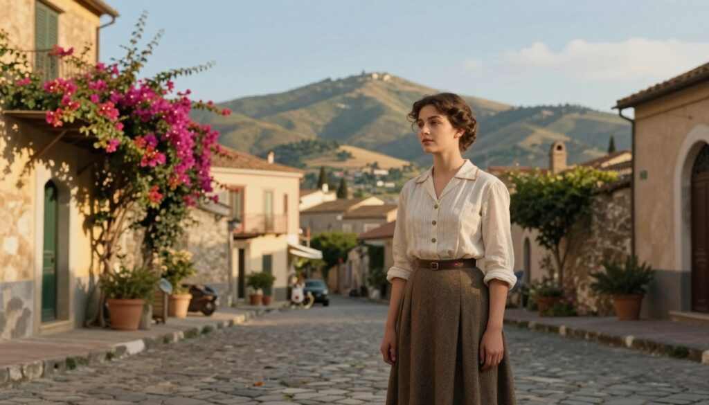 A serene landscape capturing the essence of early 20th-century Italy, set in the year 1934. In the foreground, a young woman resembling Sophia Loren, dressed in modest vintage attire reminiscent of the era, stands gracefully on a cobblestone street. Her expression is contemplative, gazing towards the distant hills. The middle ground features charming architecture typical of a small village near Naples, with vibrant bougainvillea climbing the walls. In the background, the rolling hills and blue skies are softly illuminated by golden sunlight, creating a warm and nostalgic atmosphere. The scene conveys a sense of early life and heritage, with a focus on beauty and simplicity, evoking the cultural richness of Italy during this time.