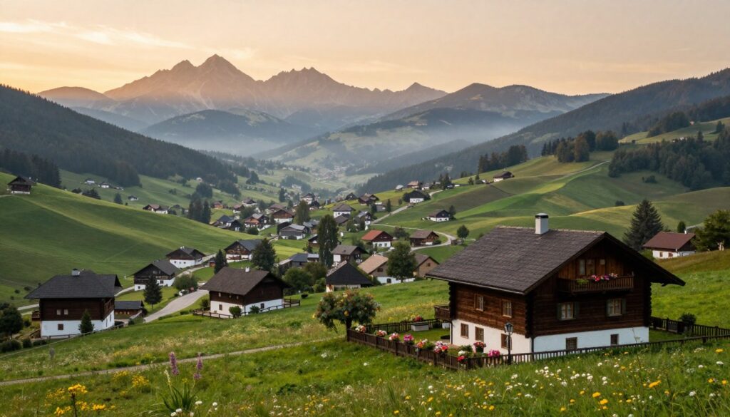A serene landscape depicting Szaflary, a charming village in the Polish Podhale region. In the foreground, a traditional wooden house with a sloping roof and flower-filled garden, showcasing the local architectural style. The middle ground features rolling hills and lush green fields, dotted with wildflowers and a winding country road. The background reveals the majestic Tatra mountains, partially shrouded in mist, under a soft golden sunset that bathes the scene in warm light. The atmosphere is tranquil and inviting, ideal for illustrating the peacefulness and beauty of this notable area. The composition should be shot from a slightly elevated angle to capture the entirety of Szaflary’s picturesque landscape, ensuring clarity and detail in every element without any text or overlays.