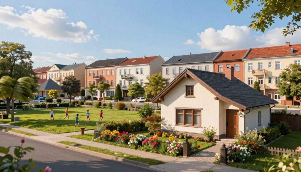 A serene landscape depicting a picturesque scene of a vibrant suburban neighborhood in a European city. In the foreground, a charming single-story house with a well-kept garden, colorful flowers blooming under clear skies, and a small path leading to the door. The middle ground features trees gently swaying in a light breeze, with children playing in a nearby park, their joyful laughter captured in the atmosphere. In the background, elegant buildings reflect a rich history, hinting at a diverse culture. Soft, warm sunlight casts gentle shadows, creating a welcoming mood, with a bright blue sky dotted with fluffy white clouds. Capture this scene from a slightly elevated angle, to convey a sense of openness and community.
