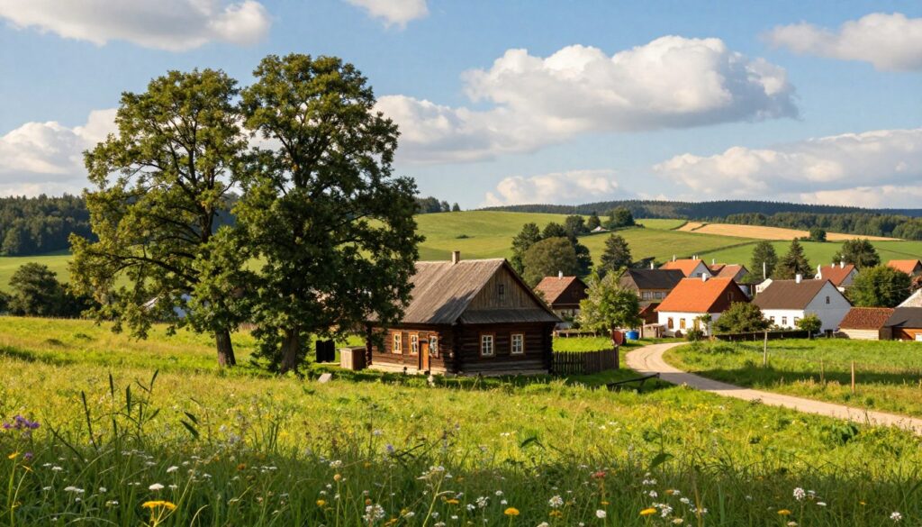 A serene landscape of Bieniów, Lubelszczyzna, showcasing quaint rural charm. In the foreground, lush green fields with wildflowers dance in a gentle breeze, hinting at the beauty of the Polish countryside. A rustic wooden farmhouse sits slightly off-center, surrounded by tall trees, conveying a familial warmth. In the middle ground, a winding dirt path leads towards a picturesque village, with traditional Polish architecture adorned with floral accents. The background features rolling hills under a bright, blue sky with fluffy white clouds, creating a tranquil atmosphere. Soft, golden sunlight filters through the trees, enhancing the natural colors and inviting a sense of nostalgia and connection to heritage. The scene embodies rural life and the essence of a close-knit community in Lubelszczyzna.