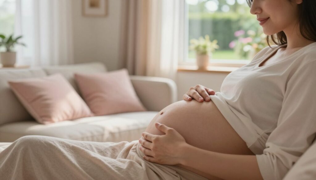A serene maternity scene depicting a pregnant woman gently cradling her belly, expressing a tender connection as she experiences the baby's movements. Foreground features the woman's hands delicately placed on her rounded belly, showcasing a sense of anticipation and love. In the middle ground, the interior of a cozy, softly lit room with pastel-colored decor adds warmth, highlighting plush cushions and gentle light streaming through sheer curtains, creating a calm atmosphere. In the background, a window reveals a peaceful garden, symbolizing growth and life. The lighting is soft and natural, evoking a mood of peace and serenity, focusing on the joyful experience of feeling the baby’s movements. The composition should emphasize the emotional bond and the journey of pregnancy. A serene maternity scene depicting a pregnant woman gently cradling her belly, expressing a tender connection as she experiences the baby's movements. Foreground features the woman's hands delicately placed on her rounded belly, showcasing a sense of anticipation and love. In the middle ground, the interior of a cozy, softly lit room with pastel-colored decor adds warmth, highlighting plush cushions and gentle light streaming through sheer curtains, creating a calm atmosphere. In the background, a window reveals a peaceful garden, symbolizing growth and life. The lighting is soft and natural, evoking a mood of peace and serenity, focusing on the joyful experience of feeling the baby’s movements. The composition should emphasize the emotional bond and the journey of pregnancy.