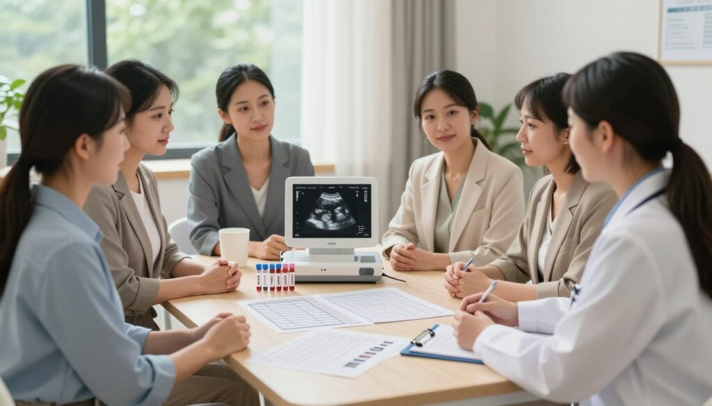A serene medical consultation room, showcasing a table with various medical charts and equipment related to fertility assessments. In the foreground, a diverse group of women in professional business attire, engaged in a discussion with a healthcare professional who is explaining a fertility check-up process. They are surrounded by soft natural light filtering through a window, providing a calming atmosphere. In the middle, detailed visuals of medical testing equipment like blood test vials and ultrasound images, symbolizing the important screenings before pregnancy. The background features subtle greenery outside the window, enhancing the hopeful tone of the scene. The overall mood is informative yet supportive, emphasizing the importance of preparation for later-age pregnancies.