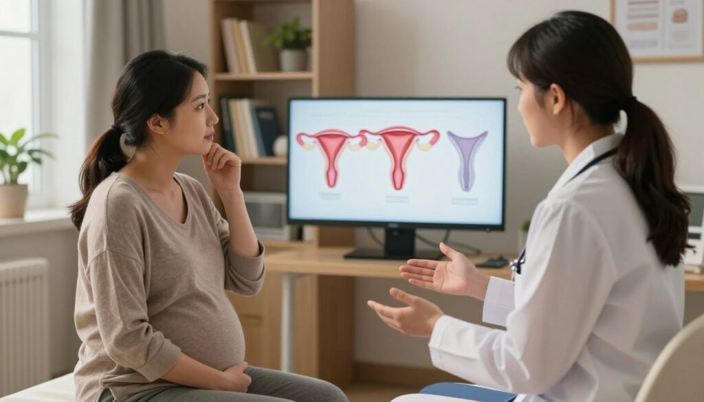A serene medical consultation scene in a softly lit clinic. In the foreground, a composed healthcare professional, wearing professional attire, attentively explains cervical dilation to a pregnant patient seated nearby. The patient, dressed in modest casual clothing, listens with a thoughtful expression. In the middle ground, illustrations of the cervix and stages of dilation are displayed on a digital screen, illuminated to emphasize the informative aspect. The background features shelves with medical books and plants, creating a calming atmosphere. The overall mood is informative and supportive, focusing on education and understanding in a professional healthcare setting. The lighting is warm and inviting, accentuating a safe and respectful environment for discussion.