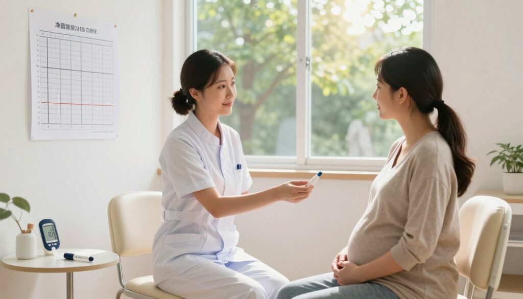 A serene medical examination room filled with natural light, featuring a comfortable chair and a small table with a glucose testing kit clearly visible. In the foreground, a professional-looking nurse, dressed in a smart, modest uniform, explains the glucose curve testing process to a pregnant woman in casual yet appropriate attire, displaying a calm and attentive expression. The nurse points to a chart showing the glucose curve timeline pinned on the wall. In the background, a large window reveals a sunny day outside, with leafy trees, creating a warm and inviting atmosphere. Emphasize clarity and focus on the interaction between the nurse and the pregnant woman, capturing a supportive and informative mood while highlighting the significance of planning for the glucose testing day.