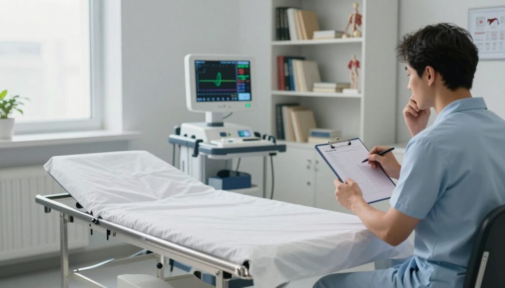 A serene medical examination room, focused on a diagnostic setup for tetany associated with stress. In the foreground, a stainless steel examination table is centered, covered with a clean, white sheet. To one side, a patient sits on a chair, dressed in a light-blue shirt, looking thoughtfully at a doctor who is holding a clipboard, analyzing test results. The middle ground features a high-tech diagnostic machine displaying colorful graphs and data, symbolizing stress-monitoring technology. The background showcases shelves filled with medical books and models of nerves and muscles, softly illuminated by natural light coming through a large window. The overall atmosphere is calm and professional, conveying the importance of diagnostic studies in understanding the relationship between stress and tetany.