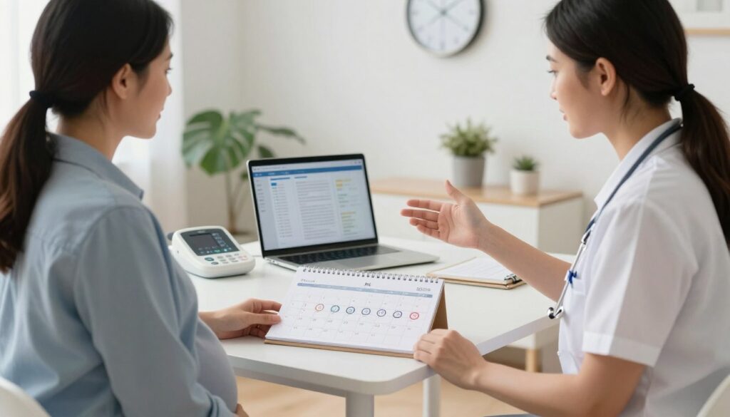 A serene medical office environment, focusing on a professional female healthcare provider in smart casual attire, attentively explaining a pregnancy timeline to a calm, expectant mother, who is dressed in comfortable clothing. The foreground features a detailed calendar with circled dates indicating important pregnancy check-ups, alongside a medical chart highlighting trimesters. In the middle, a softly illuminated desk with a laptop displaying health information, and measuring tools like a fetal Doppler. The background shows a wall clock and soothing nature-themed decorations, enhancing a sense of reassurance and organization. Soft, natural lighting floods the room, creating a welcoming atmosphere. The angle captures the interaction between the healthcare provider and the mother, emphasizing clarity and compassion in prenatal care. A serene medical office environment, focusing on a professional female healthcare provider in smart casual attire, attentively explaining a pregnancy timeline to a calm, expectant mother, who is dressed in comfortable clothing. The foreground features a detailed calendar with circled dates indicating important pregnancy check-ups, alongside a medical chart highlighting trimesters. In the middle, a softly illuminated desk with a laptop displaying health information, and measuring tools like a fetal Doppler. The background shows a wall clock and soothing nature-themed decorations, enhancing a sense of reassurance and organization. Soft, natural lighting floods the room, creating a welcoming atmosphere. The angle captures the interaction between the healthcare provider and the mother, emphasizing clarity and compassion in prenatal care.