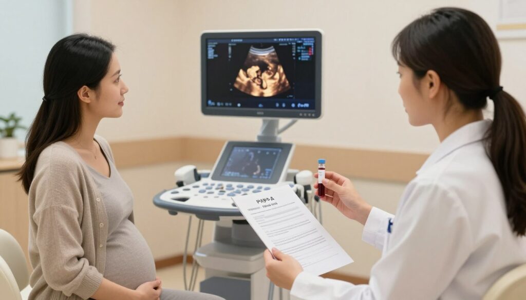 A serene medical setting in a modern clinic, featuring a healthcare professional and an expectant mother engaging in a conversation about prenatal tests. In the foreground, the healthcare worker, dressed in a professional white lab coat, holds a vial of blood and a document detailing PAPP-A and free-β-hCG tests. The expectant mother, comfortably dressed in modest causal clothing, looks attentive and engaged. In the middle ground, an ultrasound machine with a screen displaying a fetal image, emphasizing the connection between blood tests and ultrasound in prenatal care. The background features soft, warm lighting that creates an inviting atmosphere, enhancing the topic of early pregnancy health. The overall mood is informative and supportive, showcasing a collaborative healthcare experience.