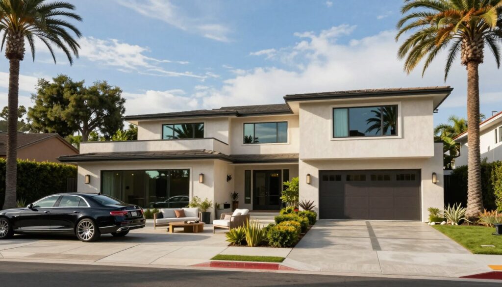 A serene neighborhood in Los Angeles, showcasing a contemporary mansion surrounded by lush greenery and palm trees. In the foreground, a sleek driveway with a luxury car parked outside, adorned with stylish outdoor furniture on a sunny patio, creating an inviting atmosphere. In the middle ground, the facade of the mansion features large windows reflecting the sunlight, emphasizing its modern design. The background reveals a clear blue sky with soft, wispy clouds, suggesting a warm and inviting day. The lighting is bright, capturing the essence of California living. The mood conveys a sense of comfort and modern luxury, fitting for a prominent social media influencer’s lifestyle. No people are present in the scene to maintain a focus on the luxurious home.