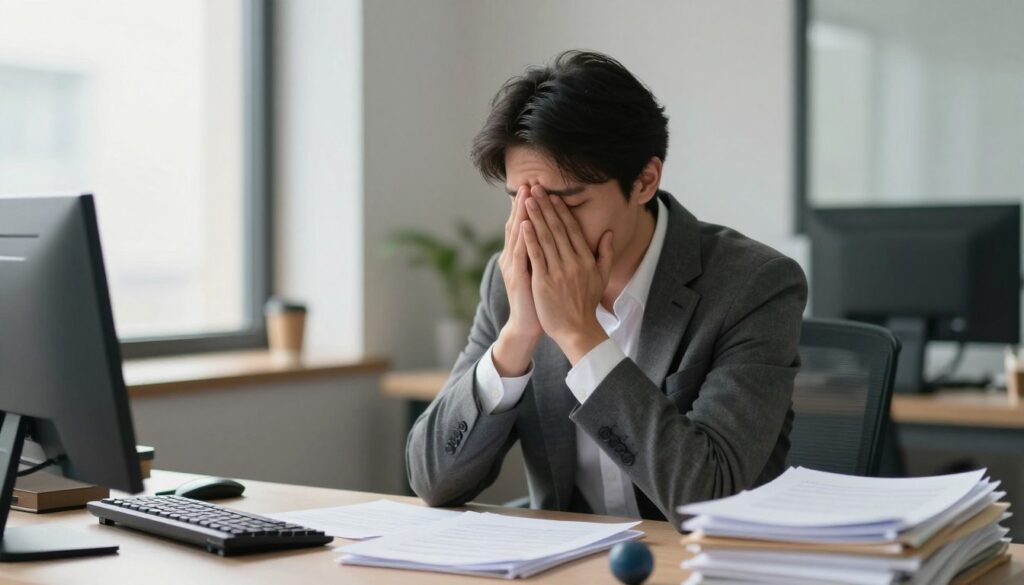 A serene office environment depicting chronic stress, with a professional-looking individual in business attire sitting at a cluttered desk. In the foreground, focus on the individual’s weary expression, showing signs of fatigue and tension, hands clasped together in front of their face as they gaze at a pile of paperwork. The middle ground features a stylish desk adorned with stress balls and a half-empty coffee cup. In the background, large windows allow soft, diffused natural light to enter, casting gentle shadows that create an atmosphere of quiet turmoil. The overall mood should evoke a sense of overwhelm and pressure, emphasizing the theme of chronic stress while maintaining a professional and polished aesthetic.