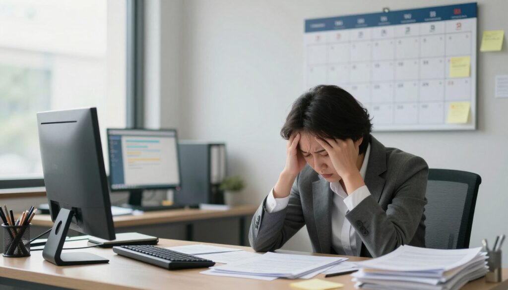 A serene office environment depicting chronic stress. In the foreground, a person in professional business attire sits at a cluttered desk, visibly overwhelmed, with paperwork scattered around and a computer screen showing multiple notifications. Their expression is a mix of anxiety and exhaustion. In the middle ground, a wall calendar filled with deadlines is lined with sticky notes, conveying a sense of time pressure. The background features soft, natural light filtering through a window, creating a calming yet contrasting atmosphere, hinting at an outside world untouched by stress. Overall, the mood is a blend of tension and a longing for tranquility, highlighting the impact of chronic stress in daily life. A serene office environment depicting chronic stress. In the foreground, a person in professional business attire sits at a cluttered desk, visibly overwhelmed, with paperwork scattered around and a computer screen showing multiple notifications. Their expression is a mix of anxiety and exhaustion. In the middle ground, a wall calendar filled with deadlines is lined with sticky notes, conveying a sense of time pressure. The background features soft, natural light filtering through a window, creating a calming yet contrasting atmosphere, hinting at an outside world untouched by stress. Overall, the mood is a blend of tension and a longing for tranquility, highlighting the impact of chronic stress in daily life.