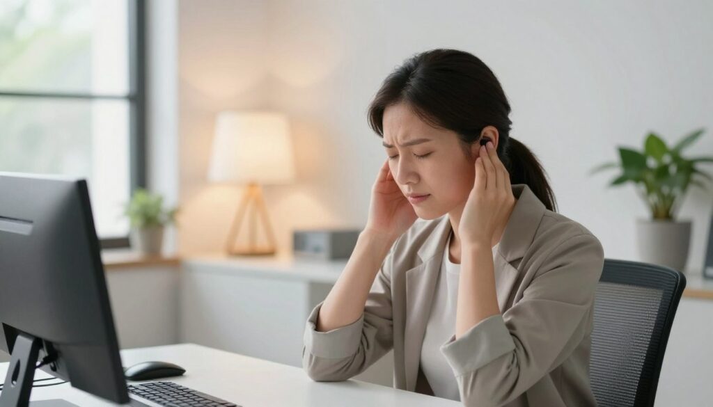 A serene office environment displaying a person sitting at a desk, gently massaging their ears to relieve stress, suggesting a focus on ear protection. In the foreground, the individual, dressed in smart casual attire, has a serene expression, conveying a sense of calm amidst tension. In the middle, we see a well-organized desk with minimalistic design elements, such as a soft lighting lamp and a potted plant, enhancing the atmosphere of tranquility. The background features a window with natural light softly streaming in, illuminating the space and creating soothing shadows. The overall mood should communicate relaxation and self-care, emphasizing the importance of protecting one’s hearing in a high-stress environment.