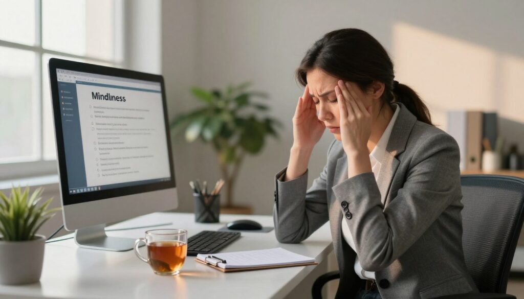 A serene office environment during late afternoon, showcasing a professional woman in business attire seated at her desk, visibly stressed with her hands on her temples. In the foreground, a half-full cup of tea reflects her attempts to relax. The middle ground features a computer screen displaying mindfulness techniques, while a notepad filled with quick stress-relief tips lies nearby. Soft, diffused sunlight filters through a window, casting gentle shadows and creating a calming atmosphere. The background reveals a minimalist office with plants and calming colors, symbolizing a peaceful workspace. The overall mood conveys a sense of tension yet hints at a pathway to relaxation, focusing on the contrast between stress and tranquility. A serene office environment during late afternoon, showcasing a professional woman in business attire seated at her desk, visibly stressed with her hands on her temples. In the foreground, a half-full cup of tea reflects her attempts to relax. The middle ground features a computer screen displaying mindfulness techniques, while a notepad filled with quick stress-relief tips lies nearby. Soft, diffused sunlight filters through a window, casting gentle shadows and creating a calming atmosphere. The background reveals a minimalist office with plants and calming colors, symbolizing a peaceful workspace. The overall mood conveys a sense of tension yet hints at a pathway to relaxation, focusing on the contrast between stress and tranquility.
