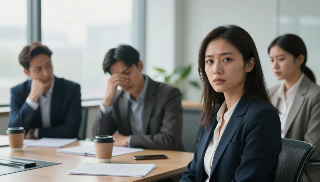 A serene office environment, featuring a diverse group of three people engaged in a discussion. In the foreground, a woman in professional attire looks confidently toward the viewer, exuding determination while two colleagues beside her express various emotions—one appears anxious and the other skeptical. The middle ground includes a sleek conference table littered with papers and coffee cups, symbolizing the weight of external expectations. In the background, large windows let in soft, diffused daylight, casting a calm ambiance. The atmosphere feels tense but empowering, suggesting the importance of staying true to oneself amidst pressure. The composition should focus on facial expressions, with an emphasis on the contrast between internal strength and external influences, captured with a shallow depth of field to highlight the subjects.