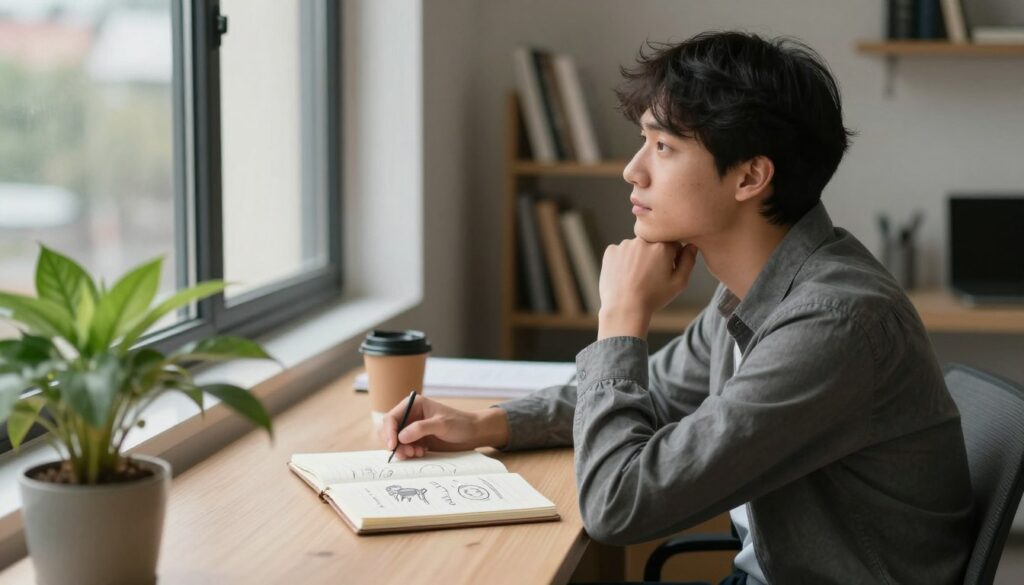 A serene office environment focusing on personal reflection. In the foreground, a thoughtful young adult sits at a desk, dressed in smart casual attire, looking out of a window, lost in contemplation. Their notebook, open with sketches of possible stress triggers, and a calming green plant nearby add to the setting. In the middle, the desk is surrounded by soft lighting, creating an inviting atmosphere that suggests introspection and awareness. In the background, a coffee cup and a subtle bookshelf filled with self-help books enhance the feeling of a personal growth space. A warm, natural light filters through the window, casting gentle shadows, conveying a mood of hope and proactive healing, symbolizing the causes of depression relapse identified in the article. A serene office environment focusing on personal reflection. In the foreground, a thoughtful young adult sits at a desk, dressed in smart casual attire, looking out of a window, lost in contemplation. Their notebook, open with sketches of possible stress triggers, and a calming green plant nearby add to the setting. In the middle, the desk is surrounded by soft lighting, creating an inviting atmosphere that suggests introspection and awareness. In the background, a coffee cup and a subtle bookshelf filled with self-help books enhance the feeling of a personal growth space. A warm, natural light filters through the window, casting gentle shadows, conveying a mood of hope and proactive healing, symbolizing the causes of depression relapse identified in the article.