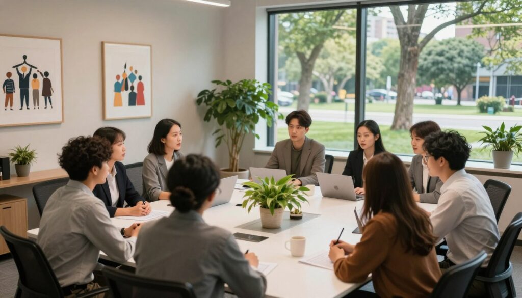 A serene office environment reflecting resilience against workplace stress. Foreground: A diverse group of professionals, dressed in modest business attire, engaging in a team-building activity—sharing ideas around a bright conference table filled with plants and motivational visuals. Middle ground: A large window flooding the space with natural light, showcasing a calming city park view with trees swaying gently in the breeze. Background: Soft, neutral-colored walls adorned with inspiring artwork about teamwork and balance. The atmosphere conveys positivity and collaboration, with warm lighting creating a welcoming space. Angle: A slight overhead view to capture both the interaction among the team and the soothing outside elements, enhancing the feeling of support and connectivity in overcoming stress.