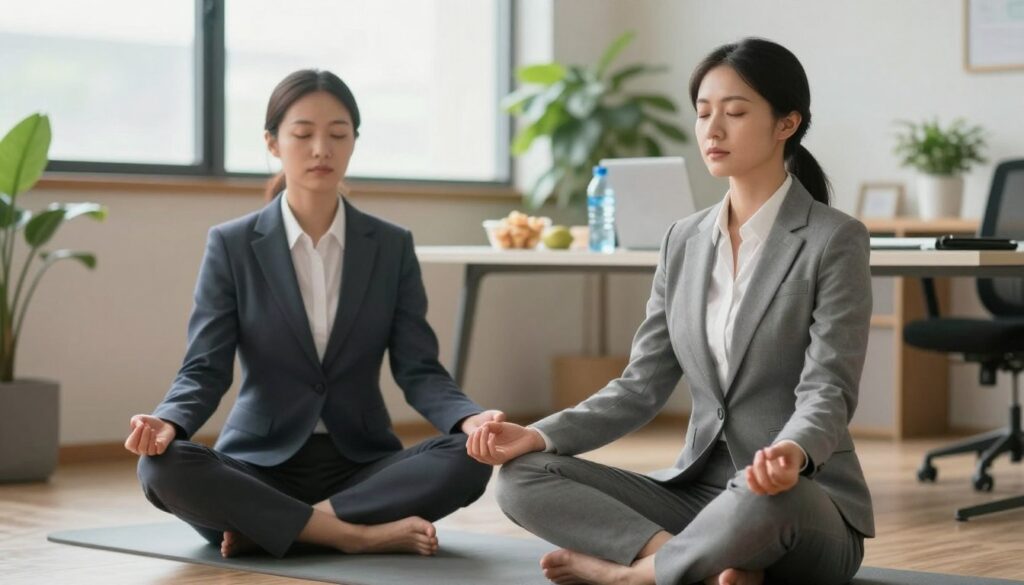 A serene office environment showcasing a professional individual in business attire practicing mindfulness techniques to break the stress cycle. In the foreground, the person is seated cross-legged on a yoga mat, eyes closed, and hands resting on their knees, embodying calmness. The middle of the scene features a desk with healthy snacks and a water bottle, symbolizing management of blood sugar levels. The background depicts a window with soft, natural light filtering through, illuminating the room and creating a tranquil atmosphere. Plants are visible, enhancing the sense of well-being. Overall, the mood is peaceful and focused, evoking a sense of balance and control over stress and its effects on health. A serene office environment showcasing a professional individual in business attire practicing mindfulness techniques to break the stress cycle. In the foreground, the person is seated cross-legged on a yoga mat, eyes closed, and hands resting on their knees, embodying calmness. The middle of the scene features a desk with healthy snacks and a water bottle, symbolizing management of blood sugar levels. The background depicts a window with soft, natural light filtering through, illuminating the room and creating a tranquil atmosphere. Plants are visible, enhancing the sense of well-being. Overall, the mood is peaceful and focused, evoking a sense of balance and control over stress and its effects on health.