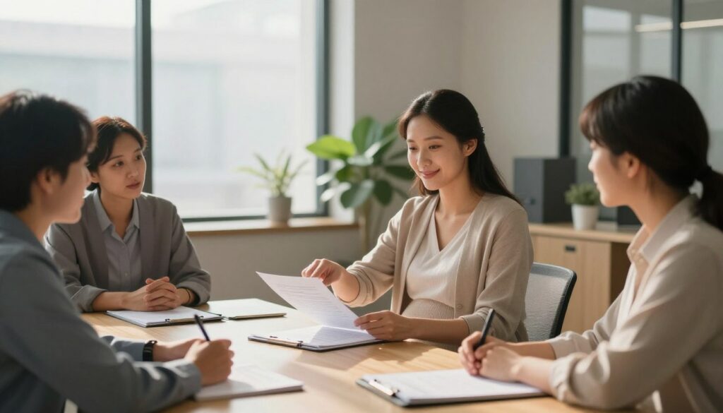 A serene office environment symbolizes collaboration and understanding regarding pregnancy and workplace rights. In the foreground, a diverse group of professionals, including a pregnant woman in comfortable yet professional attire, engages in a thoughtful discussion around a conference table adorned with paperwork and notepads. The woman, with a gentle smile, exudes confidence while pointing at a document, showcasing cooperation. The middle layer features a large window letting in soft, natural light, casting warm shadows that evoke a tranquil atmosphere. In the background, a modern office design with neutral tones and plants adds to the calming vibe. Capture this scene from a medium angle to focus on the interactions, ensuring a professional and respectful depiction that highlights important conversations around pregnancy and employment rights.
