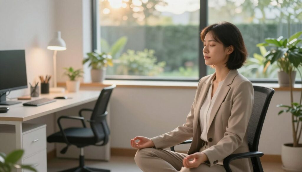 A serene office environment with a person practicing mindfulness, seated in a comfortable chair wearing professional business attire. In the foreground, the individual is in a calm meditation pose, eyes closed, with a peaceful expression. The middle layer includes a clean, minimalist desk with a few plants and a soft light illuminating the space. In the background, large windows show a glimpse of a tranquil garden outside, with gentle sunlight filtering through. The scene is bathed in warm, soft light that conveys a sense of calm and balance. The atmosphere is peaceful, promoting focus and emotional control amidst potential workplace stress, without any distractions or clutter.