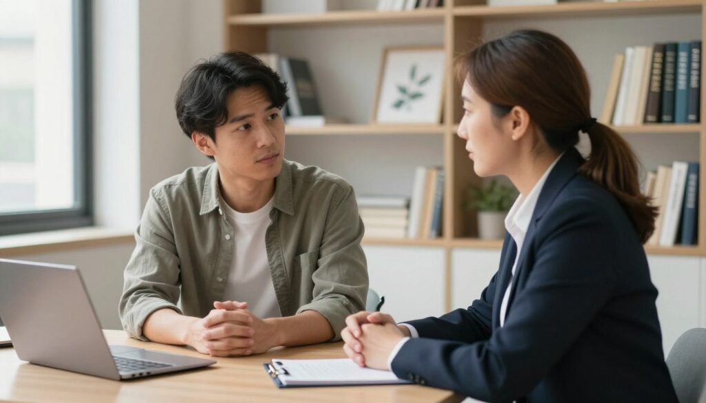 A serene office setting featuring a mental health professional, a psychologist, sitting at a desk with a notepad and a laptop. The psychologist, a middle-aged Caucasian woman in smart business attire, is consulting with a young adult, an Asian male, who displays a thoughtful expression, dressed in modest casual clothing. In the background, shelves filled with psychology books and calming artwork create a professional atmosphere. Soft, natural lighting streams through a window, casting gentle shadows. The scene conveys a mood of trust and openness, highlighting the importance of professional support in mental health diagnosis. The focus is on the interaction, emphasizing the roles and permissions of specialists in recognizing depression.