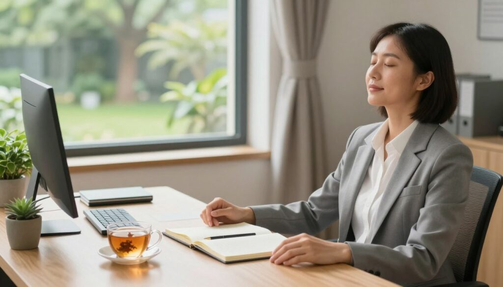 A serene office space bathed in soft, natural light, showcasing a well-organized desk with essential tools for stress management, like a journal, a calming cup of herbal tea, and a potted plant. In the foreground, a person dressed in professional business attire, calmly practicing mindfulness or deep breathing, with a relaxed expression, symbolizing tranquility in the face of external pressures. In the middle, an open window revealing a peaceful garden, highlighting the connection between nature and stress relief. The background features soft, muted colors to enhance a calm atmosphere, with gentle sunlight filtering through to create a peaceful, inviting environment. The composition conveys a sense of balance and proactive stress management.