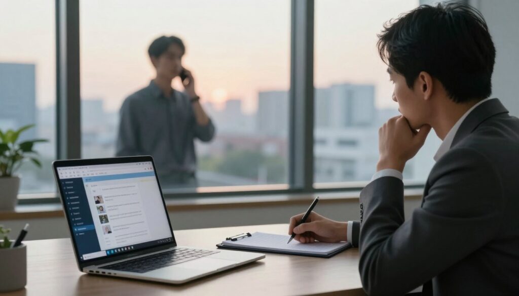 A serene office space is depicted as the foreground, featuring a laptop open with a surveillance app on the screen, accompanied by a notepad filled with observations. In the middle ground, a professional-looking individual (dressed in smart business attire) is discreetly observing another person through a large window, who is engaged in a phone call, reflecting suspicion yet calmness. The background reveals a cityscape through the window, under soft, warm lighting, conveying a sense of late afternoon. The atmosphere is tense but focused, with a blend of curiosity and caution in the air. A professional, analytical mood pervades the scene, illustrating the methods of detecting infidelity without jumping to conclusions.