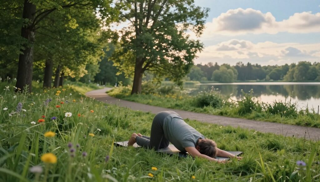 A serene outdoor scene depicting a peaceful morning in nature, focusing on a lush green landscape. In the foreground, a middle-aged person in modest casual clothing is engaged in gentle stretching exercises on a yoga mat, surrounded by tall grasses and colorful wildflowers. In the middle ground, a winding path invites viewers to imagine a tranquil walk, with soft sunlight filtering through the leaves of tall trees. The background features a tranquil lake reflecting the blue sky and fluffy white clouds, enhancing the sense of calm. The lighting is warm and gentle, creating a soothing atmosphere that evokes relaxation. The composition highlights harmony between movement and nature, embodying the theme of stress reduction through exercise and connection with the outdoors.