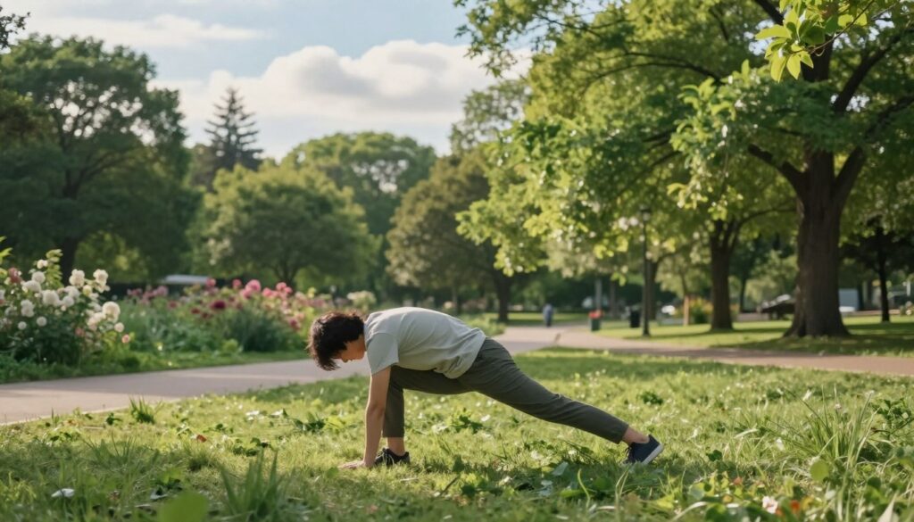A serene outdoor setting depicting a peaceful park in soft morning light. In the foreground, a person in modest casual clothing is engaged in gentle stretching exercises on a grassy patch, embodying resilience and hope. The middle ground features lush green trees and blooming flowers, symbolizing life and growth, while a sun-drenched pathway invites the viewer to imagine movement and positivity. In the background, a soft blue sky with fluffy white clouds enhances the tranquil atmosphere. The image conveys a mood of calm determination and suggests the healing power of physical activity, even in the face of challenges. The overall tone is uplifting and supportive, illustrating the theme of overcoming obstacles through movement.