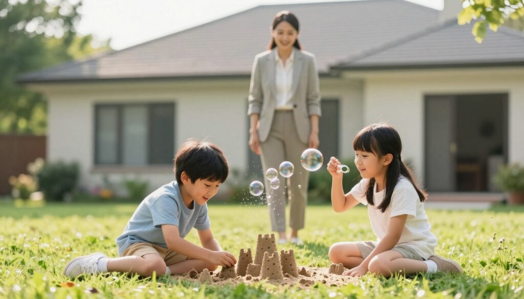 A serene outdoor setting showcasing a caring family scene: in the foreground, two children play peacefully on a grassy lawn, their faces filled with joy and innocence. One child is building a small sandcastle while the other is blowing bubbles, both dressed in modest casual clothing. In the middle ground, a parent watches over them, dressed in professional business attire, radiating a sense of protection and guidance. The background features a cozy and modern home, surrounded by lush greenery, under a soft, warm sunlight that creates a calm and inviting atmosphere. The image conveys themes of family, stability, and the challenges of relocation, with a focus on nurturing relationships and responsibility. The overall mood is uplifting and heartwarming, illustrating the bond between parent and children. A serene outdoor setting showcasing a caring family scene: in the foreground, two children play peacefully on a grassy lawn, their faces filled with joy and innocence. One child is building a small sandcastle while the other is blowing bubbles, both dressed in modest casual clothing. In the middle ground, a parent watches over them, dressed in professional business attire, radiating a sense of protection and guidance. The background features a cozy and modern home, surrounded by lush greenery, under a soft, warm sunlight that creates a calm and inviting atmosphere. The image conveys themes of family, stability, and the challenges of relocation, with a focus on nurturing relationships and responsibility. The overall mood is uplifting and heartwarming, illustrating the bond between parent and children.