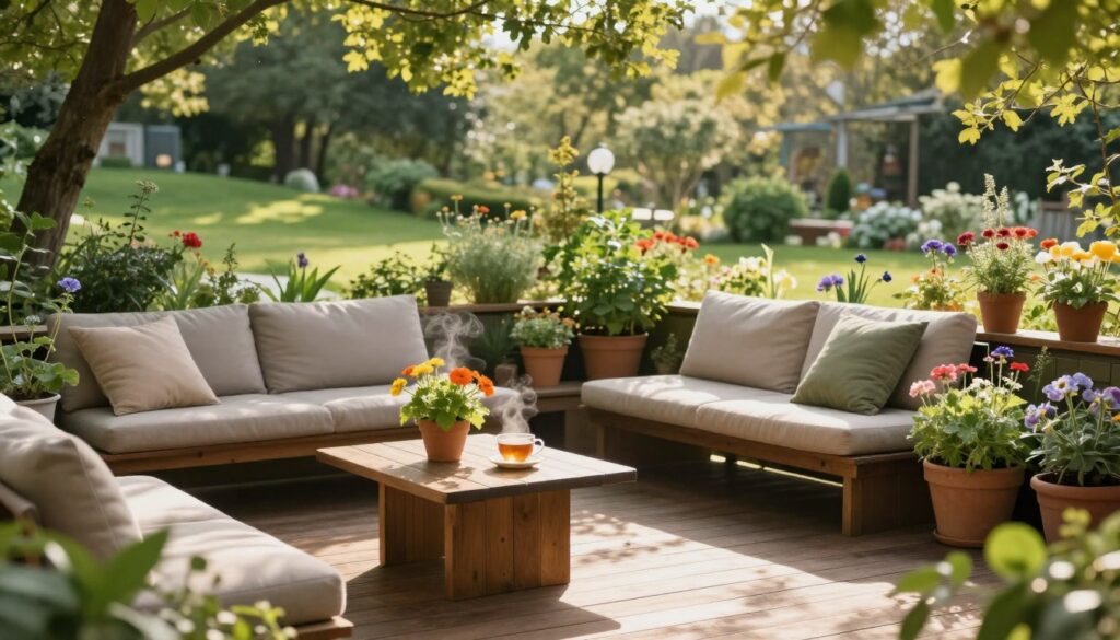 A serene outdoor terrace surrounded by lush greenery, featuring a wooden deck adorned with comfortable, modest seating. In the foreground, a small table holds a steaming cup of tea and a vibrant flowering plant, inviting relaxation. The middle ground showcases an array of potted herbs and colorful blooming flowers, hinting at a connection to nature. In the background, a view of trees and a gentle slope leading to a peaceful garden creates a cozy, tranquil atmosphere. Soft, warm sunlight filters through the leaves, casting dappled shadows on the terrace. The mood is calm and inviting, perfect for enjoying nature's beauty away from the hustle of city life, captured with a soft-focus lens to enhance the peaceful ambiance.