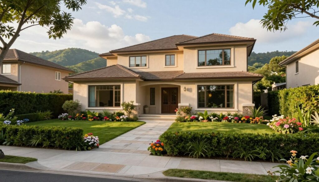 A serene, picturesque view of a stylish suburban residence, nestled among lush greenery and flowering gardens. In the foreground, a well-maintained pathway leads to the inviting entrance adorned with elegant architecture and large windows that reflect the surrounding nature. The middle ground features a spacious front yard, complete with manicured hedges and vibrant flower beds that add splashes of color. In the background, gently rolling hills and partly cloudy skies create a tranquil ambiance, illuminated by warm, soft sunlight enhancing the home’s inviting charm. The overall mood is peaceful and welcoming, conveying a sense of comfort and security in a refined neighborhood. The image is captured from a slight angle to emphasize the front facade, showcasing the inviting spirit of the residence.